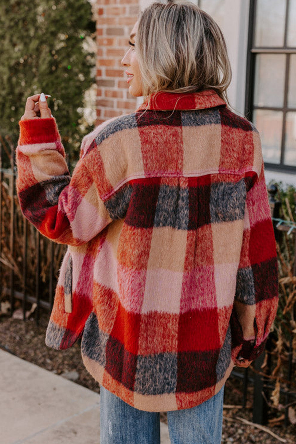 Danella - Orangefarbene karierte Freizeitjacke in Übergröße mit Klapptaschen und Knöpfen