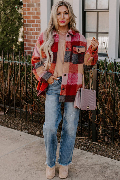 Danella - Orangefarbene karierte Freizeitjacke in Übergröße mit Klapptaschen und Knöpfen