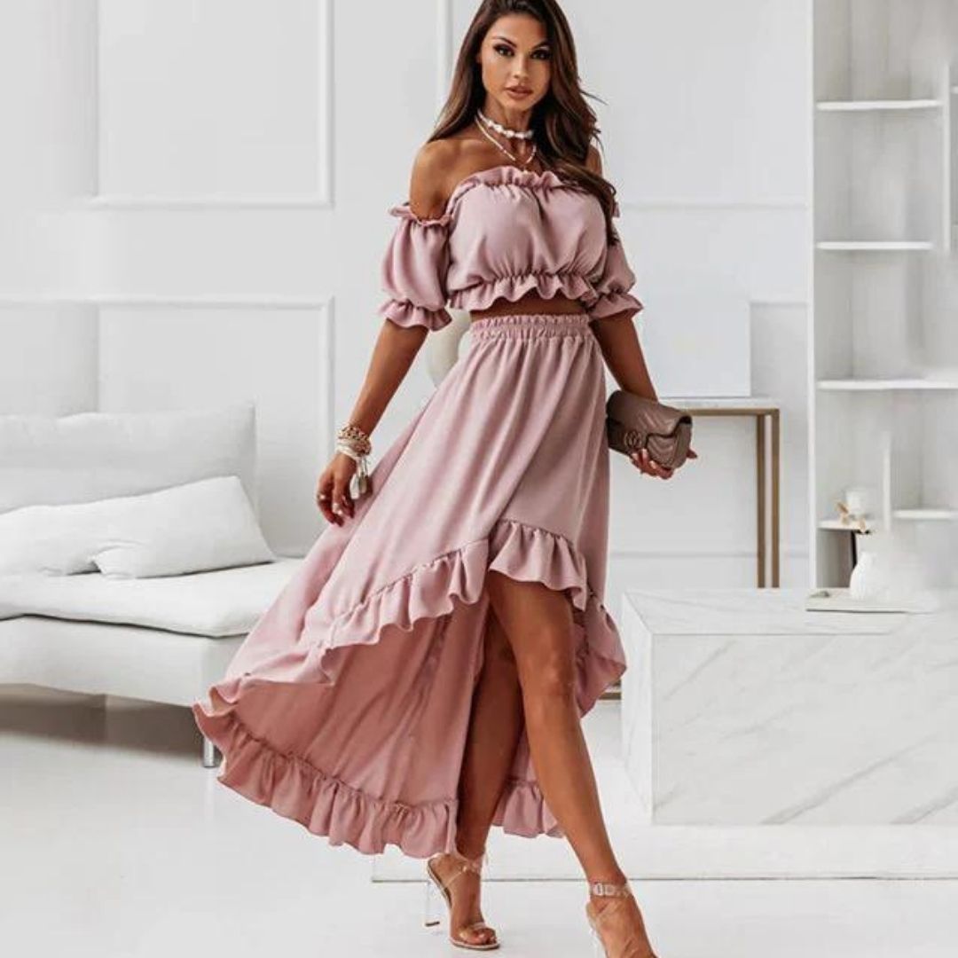 Elenaya - Schulterfreies Rüschenkleid mit High-Low-Saum