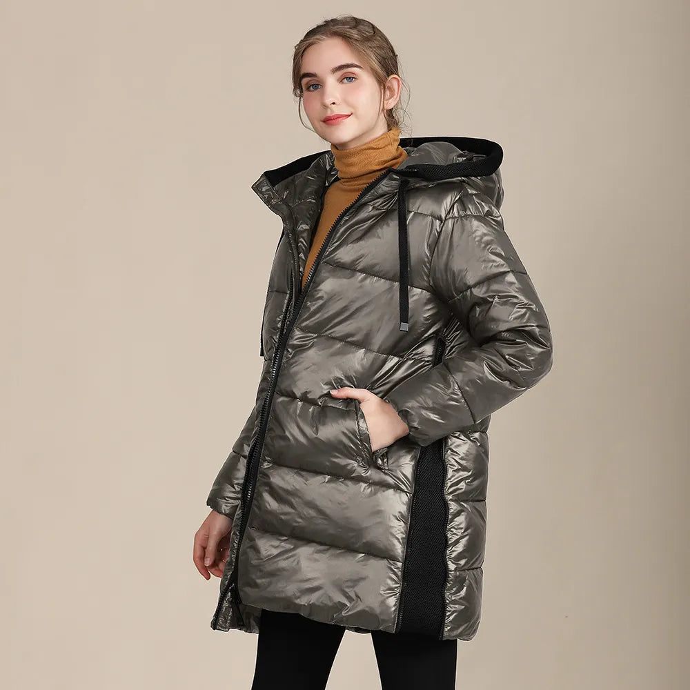 Katty - Glänzende Winterdaunenjacke aus gestepptem Nylon mit Kapuze für Frauen