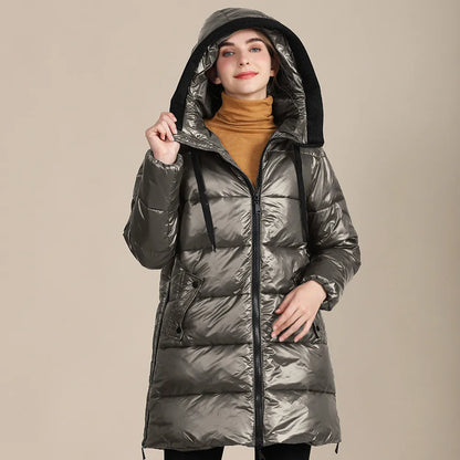 Katty - Glänzende Winterdaunenjacke aus gestepptem Nylon mit Kapuze für Frauen