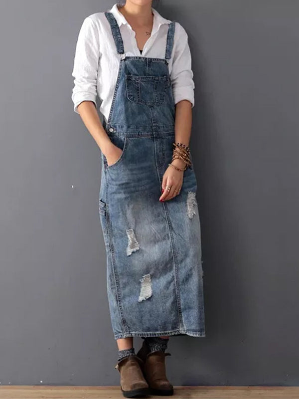 Latzkleid aus Distressed-Jeansstoff mit Schlitz hinten - Lara