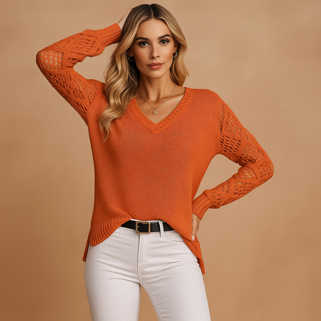 Damen Pullover mit V-Ausschnitt und durchbrochenen Ärmeln - Erendira