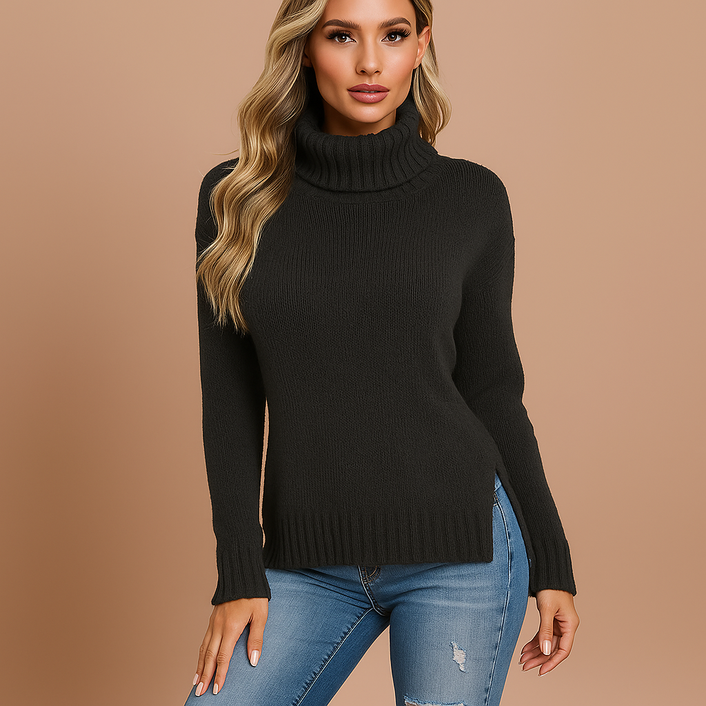 Damenpullover Rollkragenpullover mit Seitenschlitzen warmes Gestrick - Riley