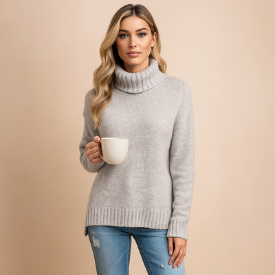 Damenpullover Rollkragenpullover mit Seitenschlitzen warmes Gestrick - Riley