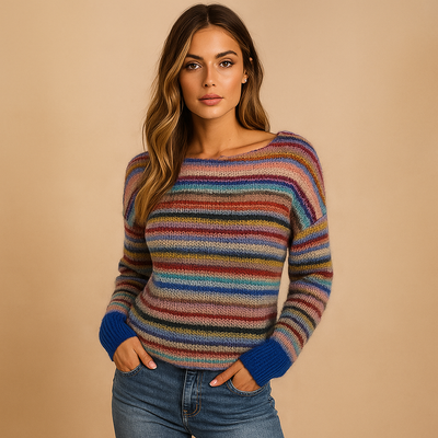 Damen Pullover mehrfarbig gestreift modern gestrickt Kontrastbündchen - Camila