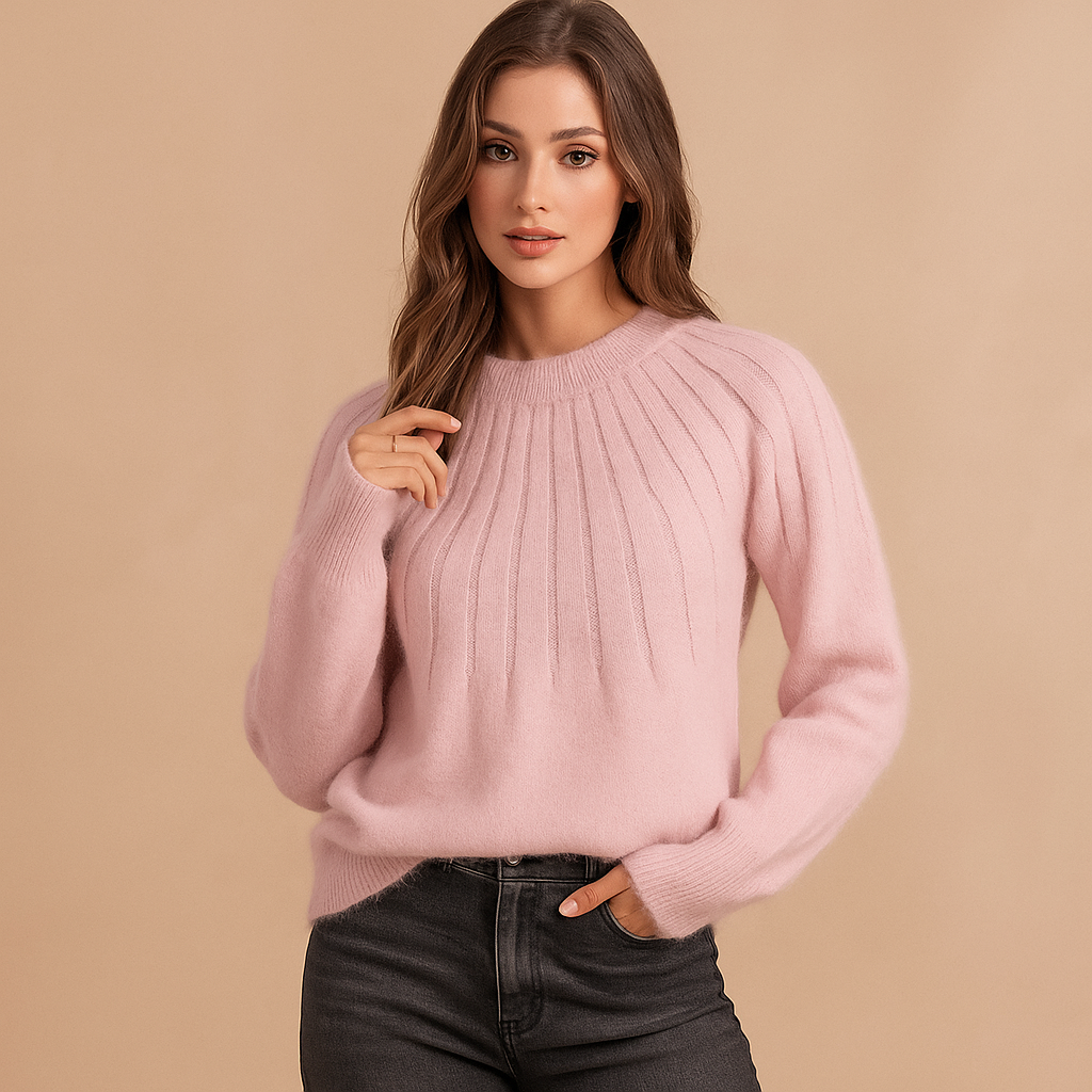 Weicher Damenstrickpullover mit Plissee-Detail Rundhalsausschnitt - Romina