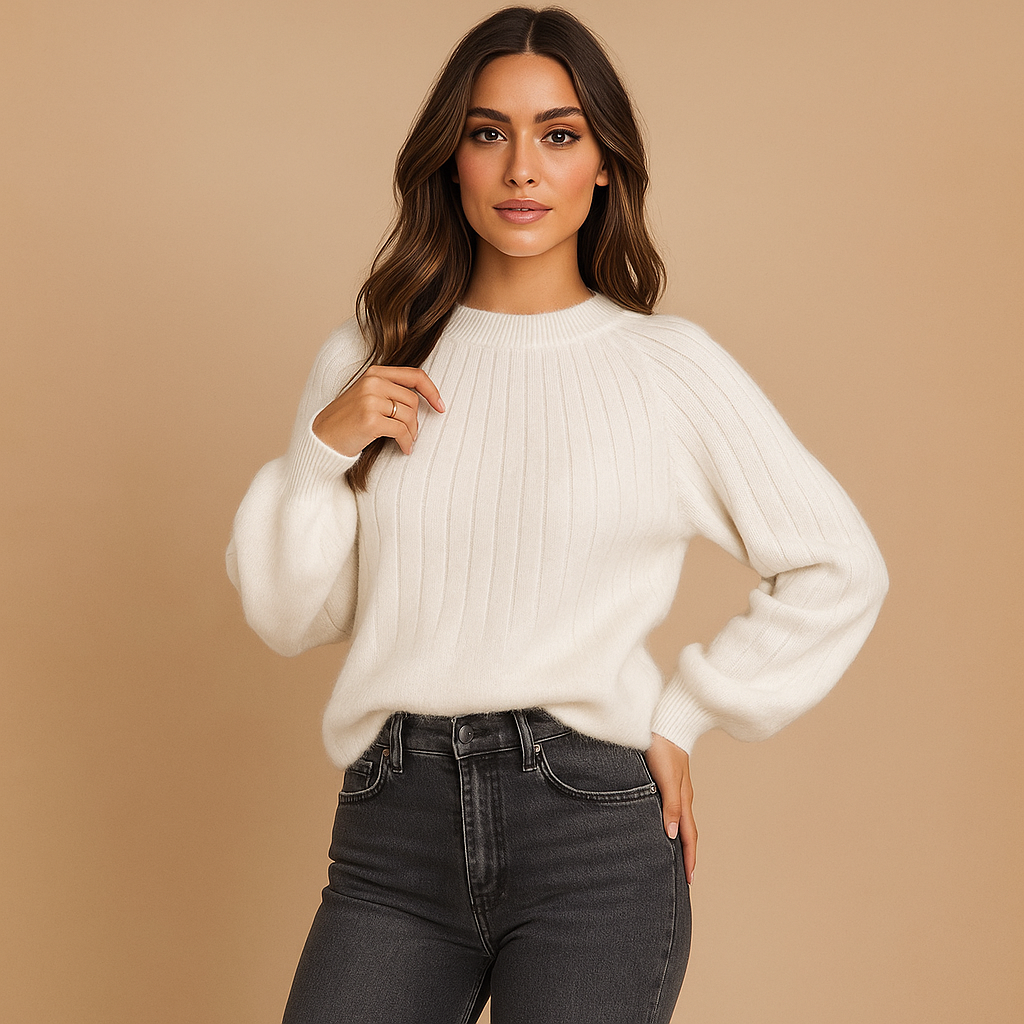 Weicher Damenstrickpullover mit Plissee-Detail Rundhalsausschnitt - Romina