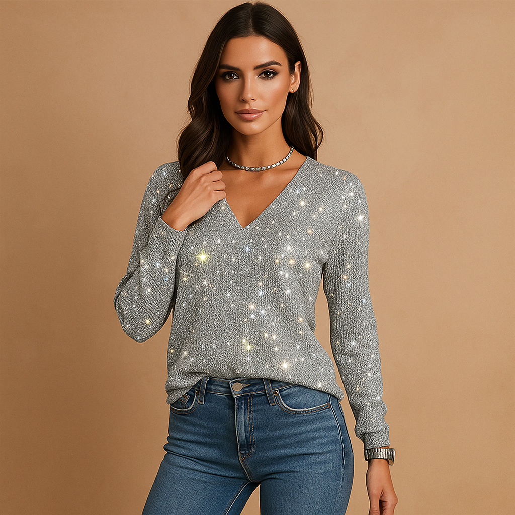 Langärmeliger Pailletten-Pullover mit V-Ausschnitt für Damen - Perla