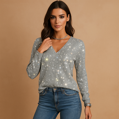 Langärmeliger Pailletten-Pullover mit V-Ausschnitt für Damen - Perla