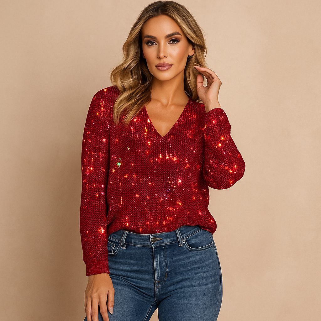 Langärmeliger Pailletten-Pullover mit V-Ausschnitt für Damen - Perla