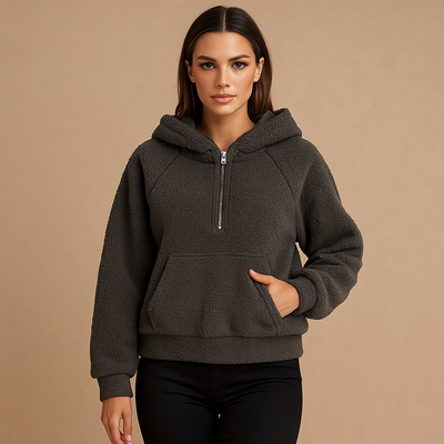Fleece-Sweatshirt mit Kapuze und halbem Reißverschluss für Frauen - Elira
