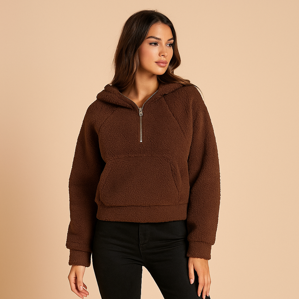 Fleece-Sweatshirt mit Kapuze und halbem Reißverschluss für Frauen - Elira