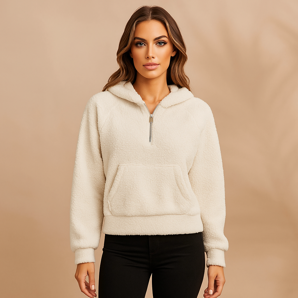 Fleece-Sweatshirt mit Kapuze und halbem Reißverschluss für Frauen - Elira