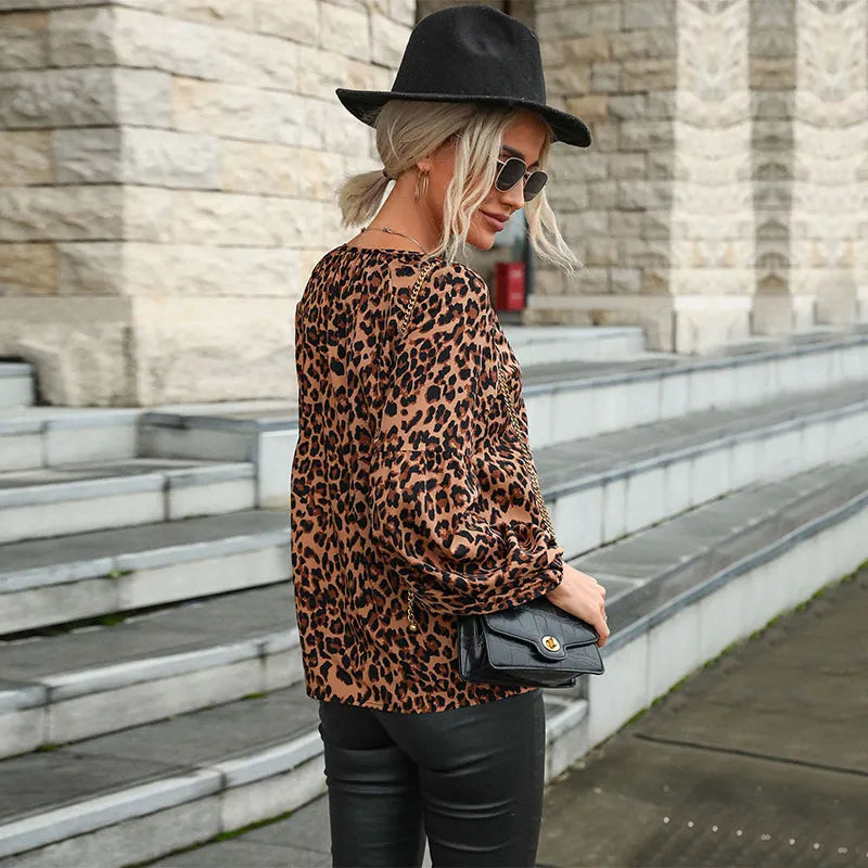 Retro Damenbluse mit Leopardenmuster und langen Ärmeln - Lina