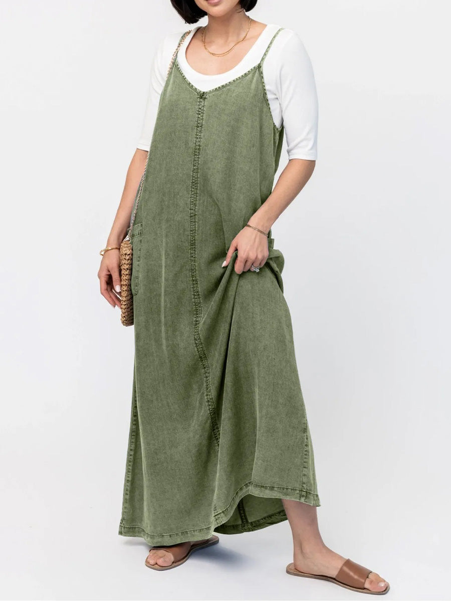 Vintage-Inspired Loose Fit Denim Maxi Dress - Vera