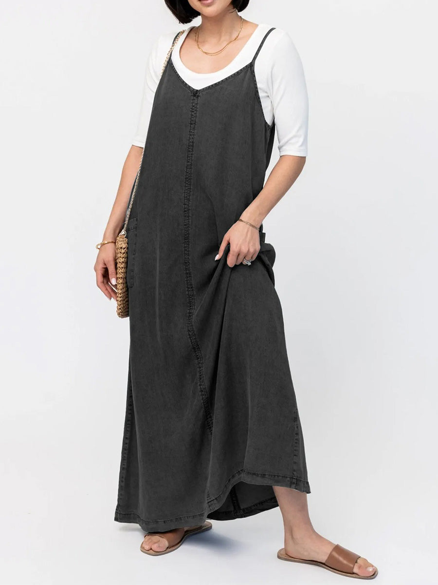 Vintage-Inspired Loose Fit Denim Maxi Dress - Vera