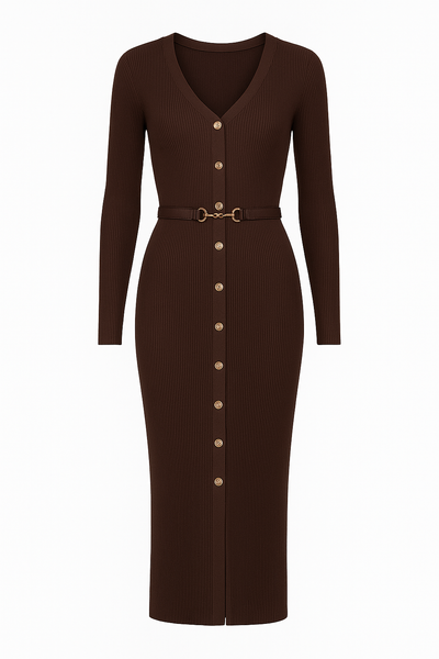 Gestricktes Midikleid mit dünnem Knopfgürtel - Maelle