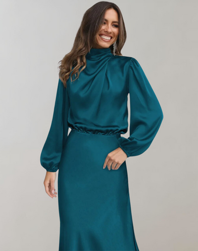 Damen Satin Kleid mit langen Ärmeln und hohem Ausschnitt - Eleonora