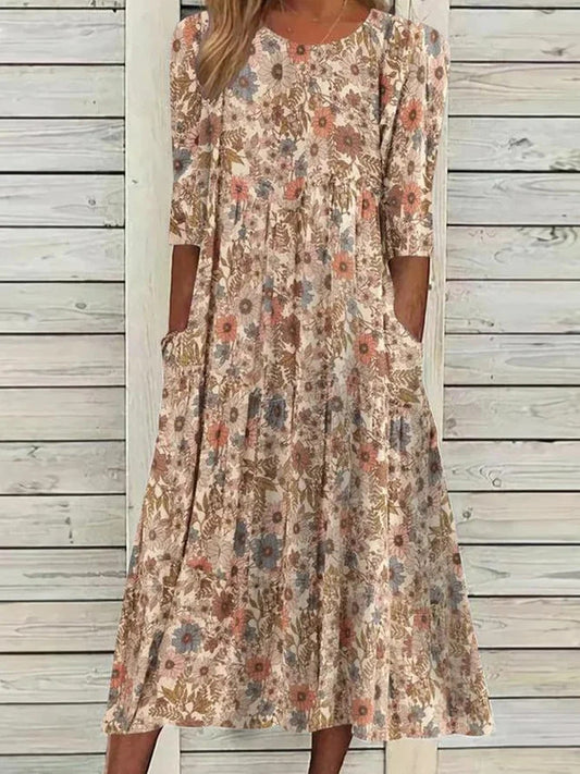 Sarina – Bohemian-Kleid mit Rundhalsausschnitt, lockeres, lässiges Taschenkleid für Damen