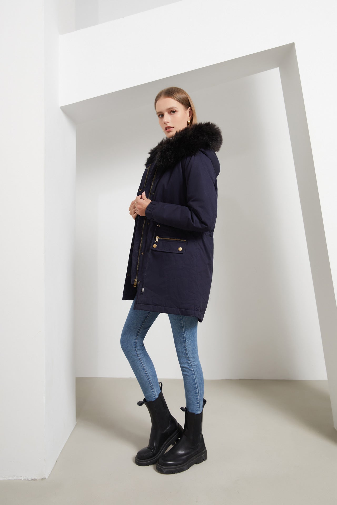 Sara - Damen Parka Mantel Mittellang mit Pelzkragen Chic