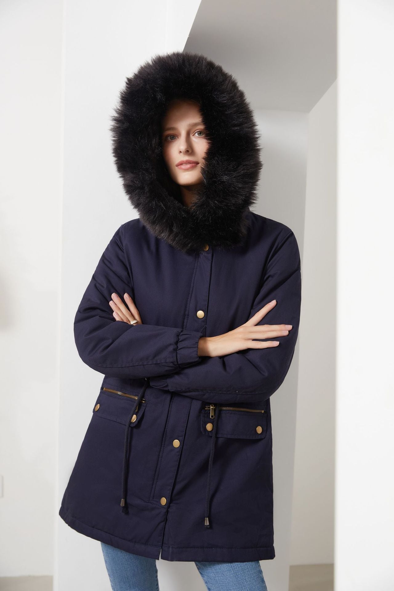 Sara - Damen Parka Mantel Mittellang mit Pelzkragen Chic