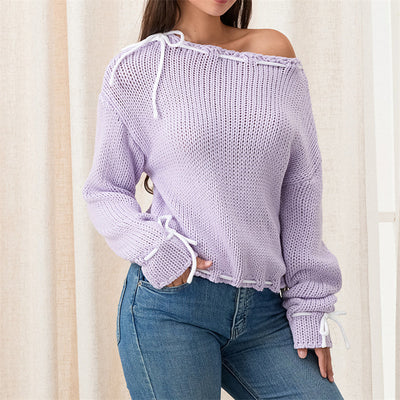 Genevieve - Damenpullover mit asymmetrischem Kragen mit Schleife und Schnürsenkeln