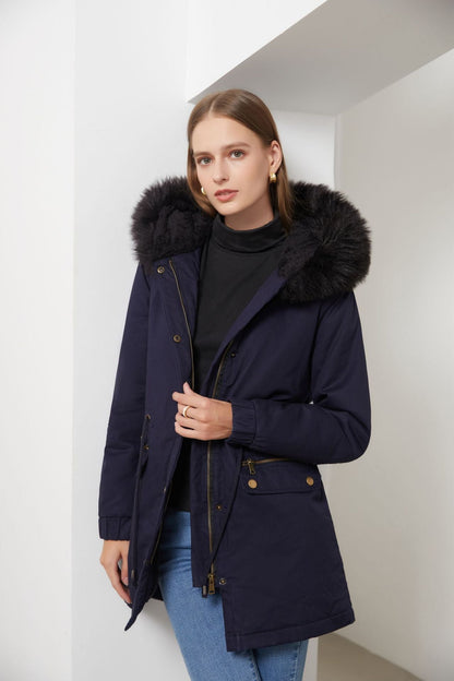 Sara - Damen Parka Mantel Mittellang mit Pelzkragen Chic