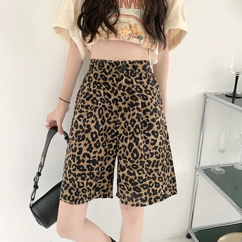 Phaidra - Frauen hohe Taille Taste Reißverschlusstaschen mit geometrischen Mustern Leopard Print Shorts