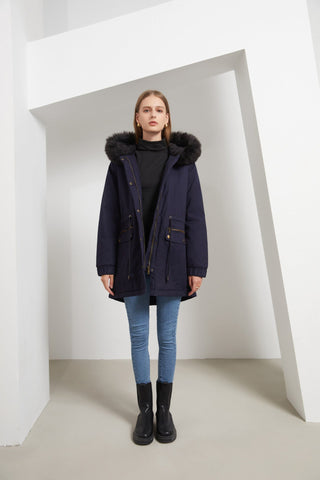 Sara - Damen Parka Mantel Mittellang mit Pelzkragen Chic