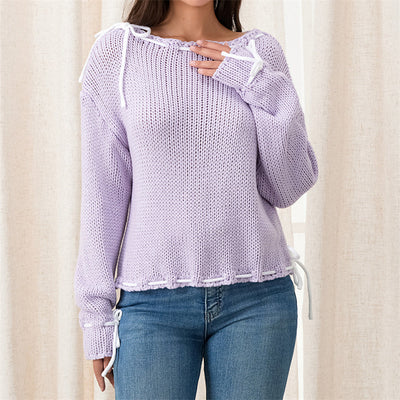 Genevieve - Damenpullover mit asymmetrischem Kragen mit Schleife und Schnürsenkeln