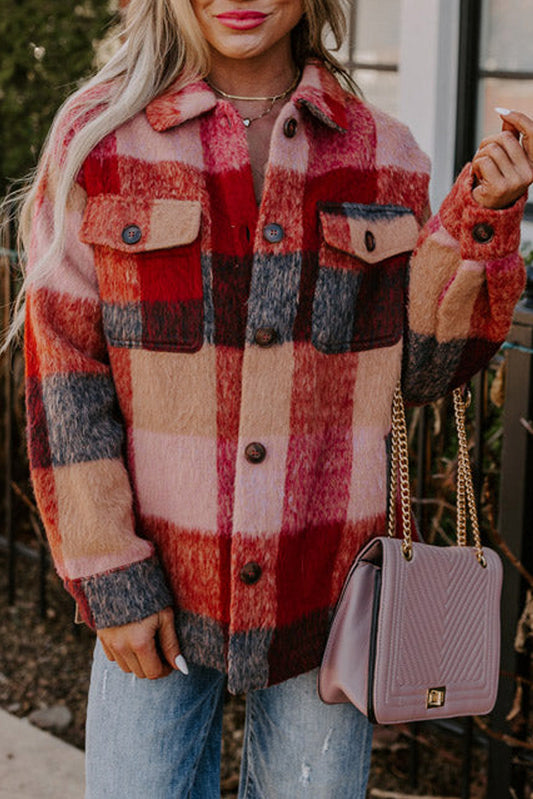 Danella - Orangefarbene karierte Freizeitjacke in Übergröße mit Klapptaschen und Knöpfen