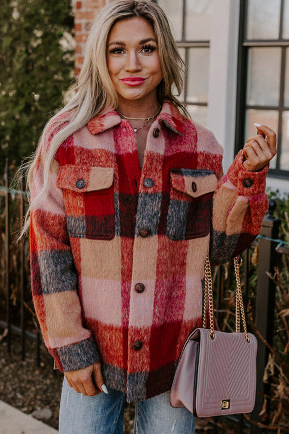 Danella - Orangefarbene karierte Freizeitjacke in Übergröße mit Klapptaschen und Knöpfen