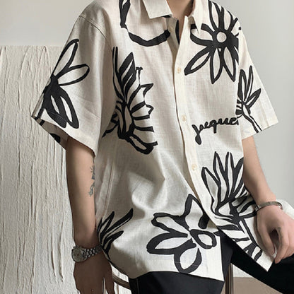 Herren-Kurzarmhemd aus Leinen mit kunstvollem Blumenmuster - Jörg